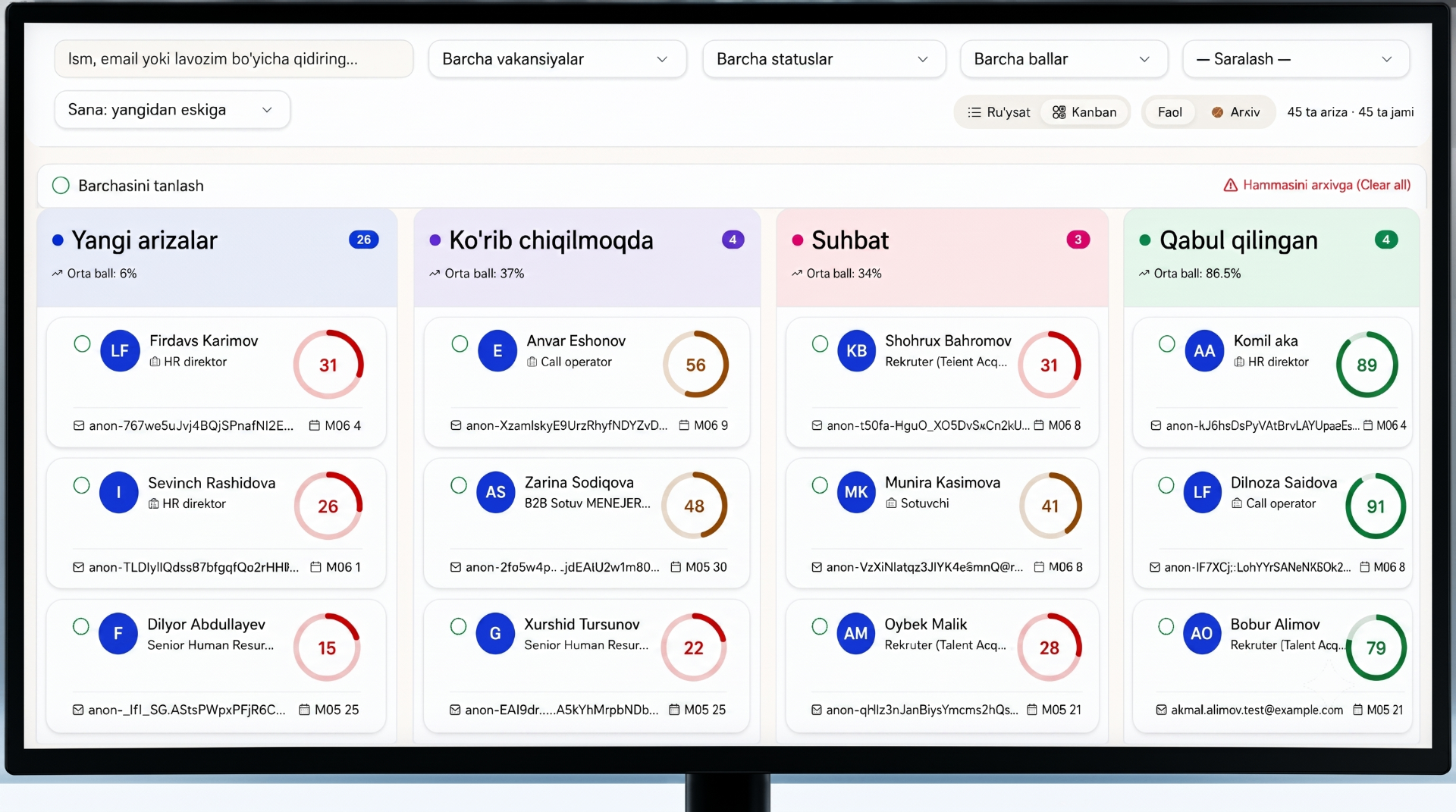Easy Management — candidate Kanban pipeline view